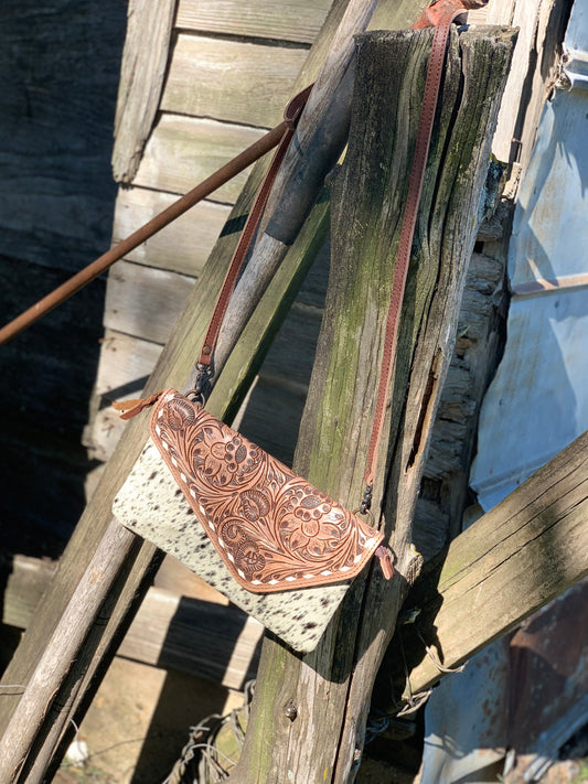 Medium tooled/cowhide purse